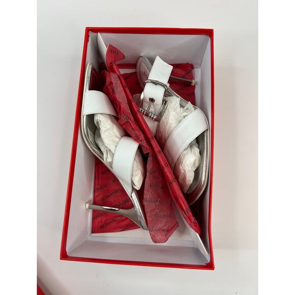 Romanelli Collezioni Size 9.5 Strap White Sandal w/Silver Heel Rhinestone Buckle - Picture 3 of 12